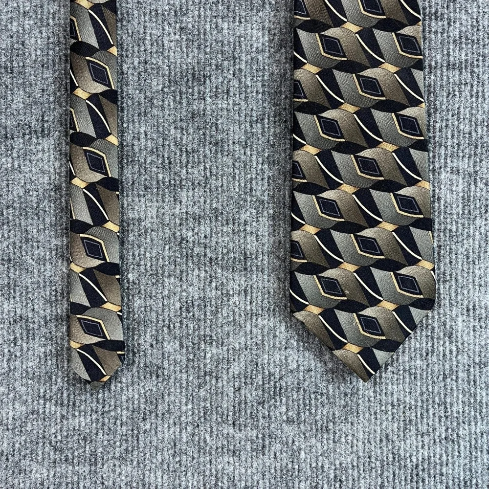 Carlos Devenezia Mens Silk Tie Geometric Diamond Olive Green Black Gold Handmade